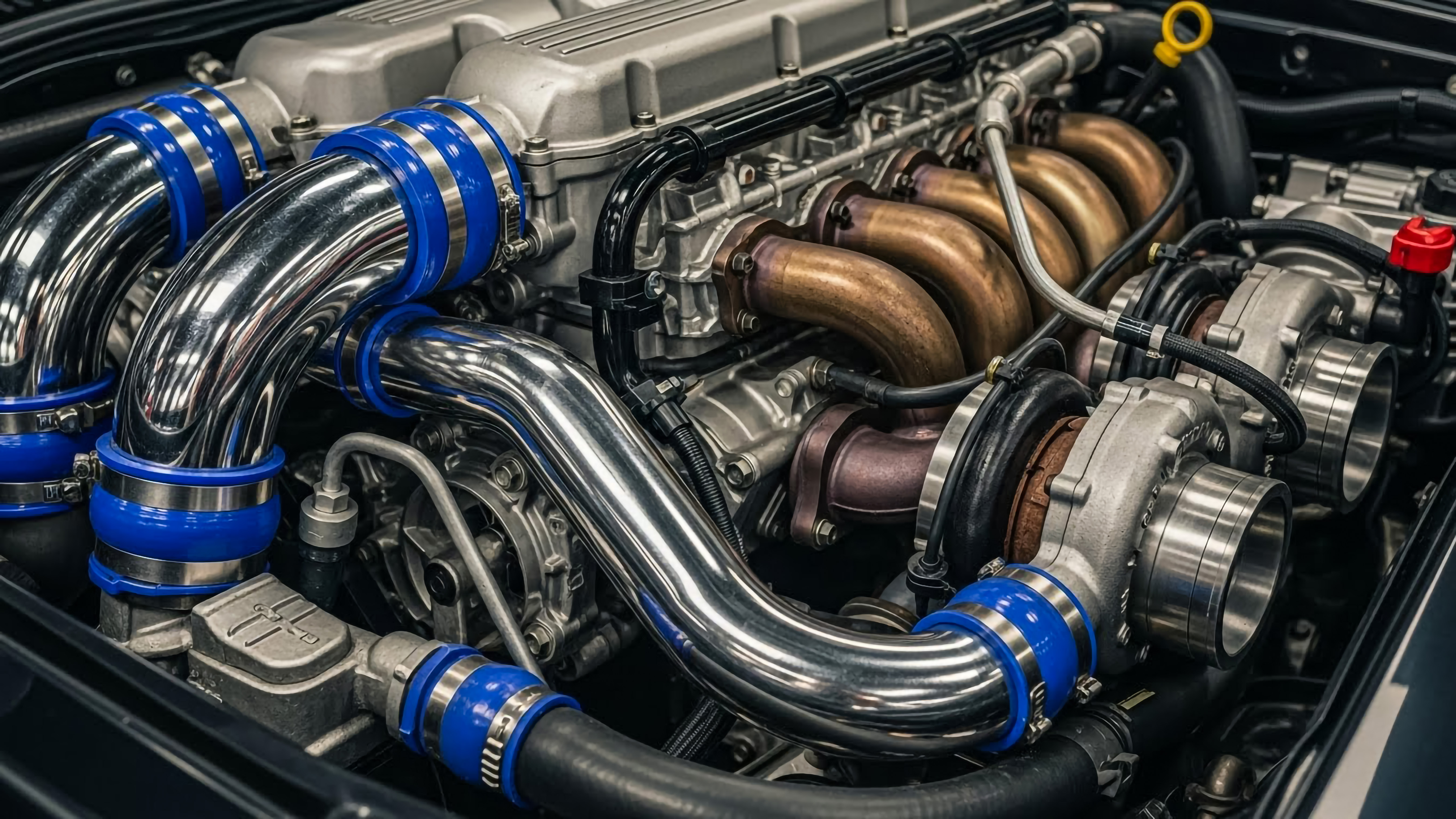 Vue du compartiment moteur d&rsquo;un puissant moteur biturbo, avec des conduites chrom&eacute;es et des durites bleues.